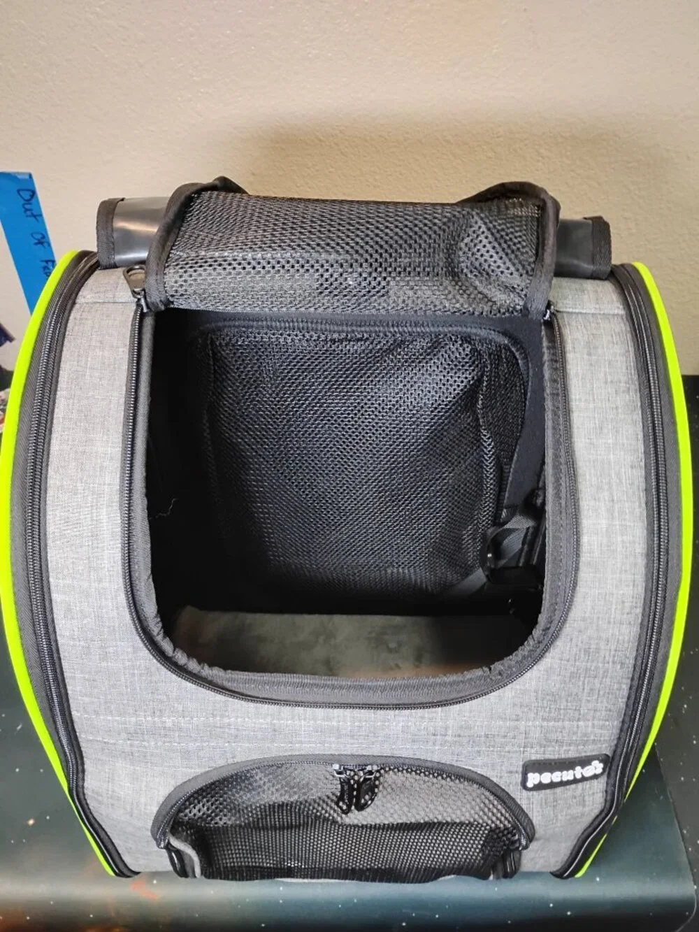 Pecute Pet Carrier Backpack Gray Neon Yellow Trim Approved Cat Dog Travel Bag
